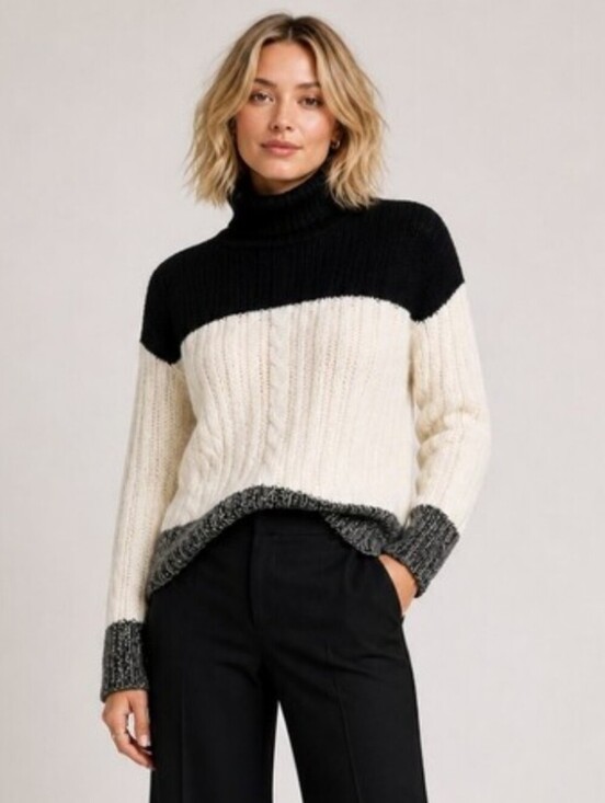 Aqua Sweaters - AQUA Cashmere Black Cream Colorblock Cable Knit Turtleneck Sweater Medium
